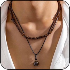 Layered Puka Shell Necklace for Men Brown Coconut Wood Beads Necklace Boho Mens