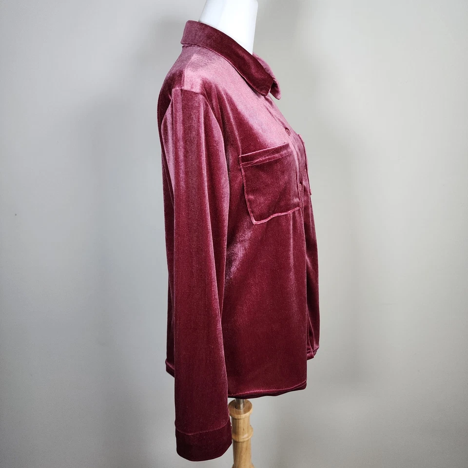 Raspberry Velvet Shirt Womens Large Blouse Retro Stretch Party Blouse Holidays - Image 3 of 4