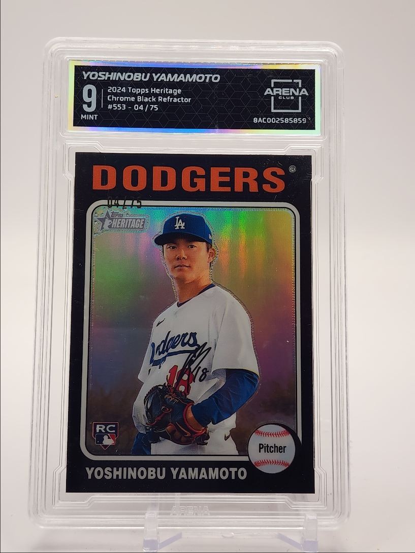YOSHINOBU YAMAMOTO 2024 TOPPS HERITAGE ROOKIE CHROME BLACK RC /75 AC 9 Q4042