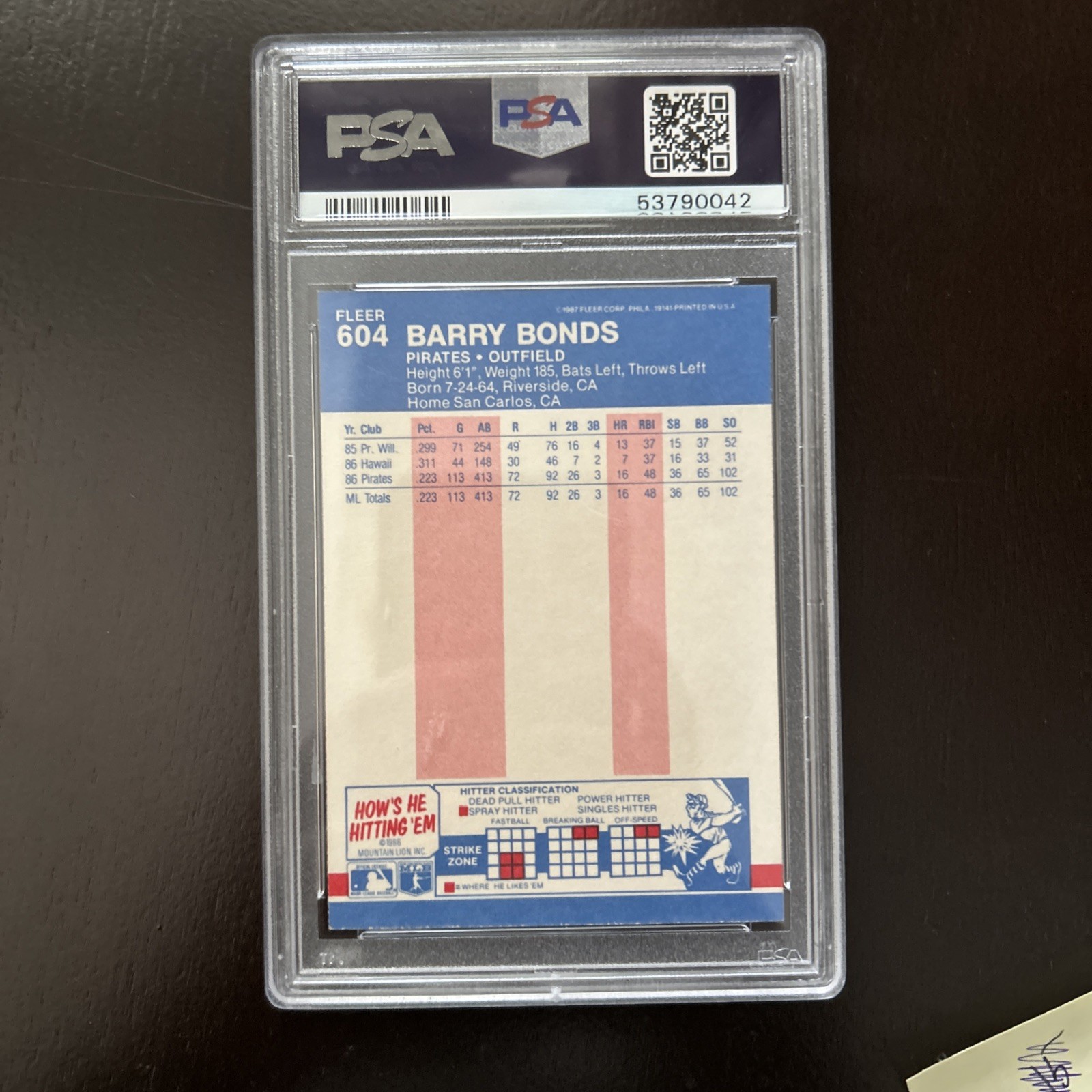Fleer 1987 Barry Bonds Rookie #604 Pittsburgh Pirates PSA 9 Graded Card view 2