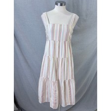 Madewell Rainbow Stripe Tiered Midi Dress Womens Cotton Button Back 00 Vacation