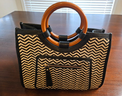 moda luxe Laguna Print Satchel With Round Handles Bag Purse Black Cream Zip Zag