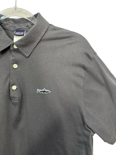 Patagonia Mens Organic Cotton Gray Fitz Roy Trout Logo Polo Shirt Tiny Flaw - Picture 1 of 5
