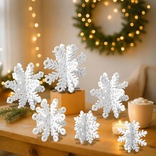 6 Pack Wooden Snowflake Decorations for Christmas Table   3D White Snowflakes...