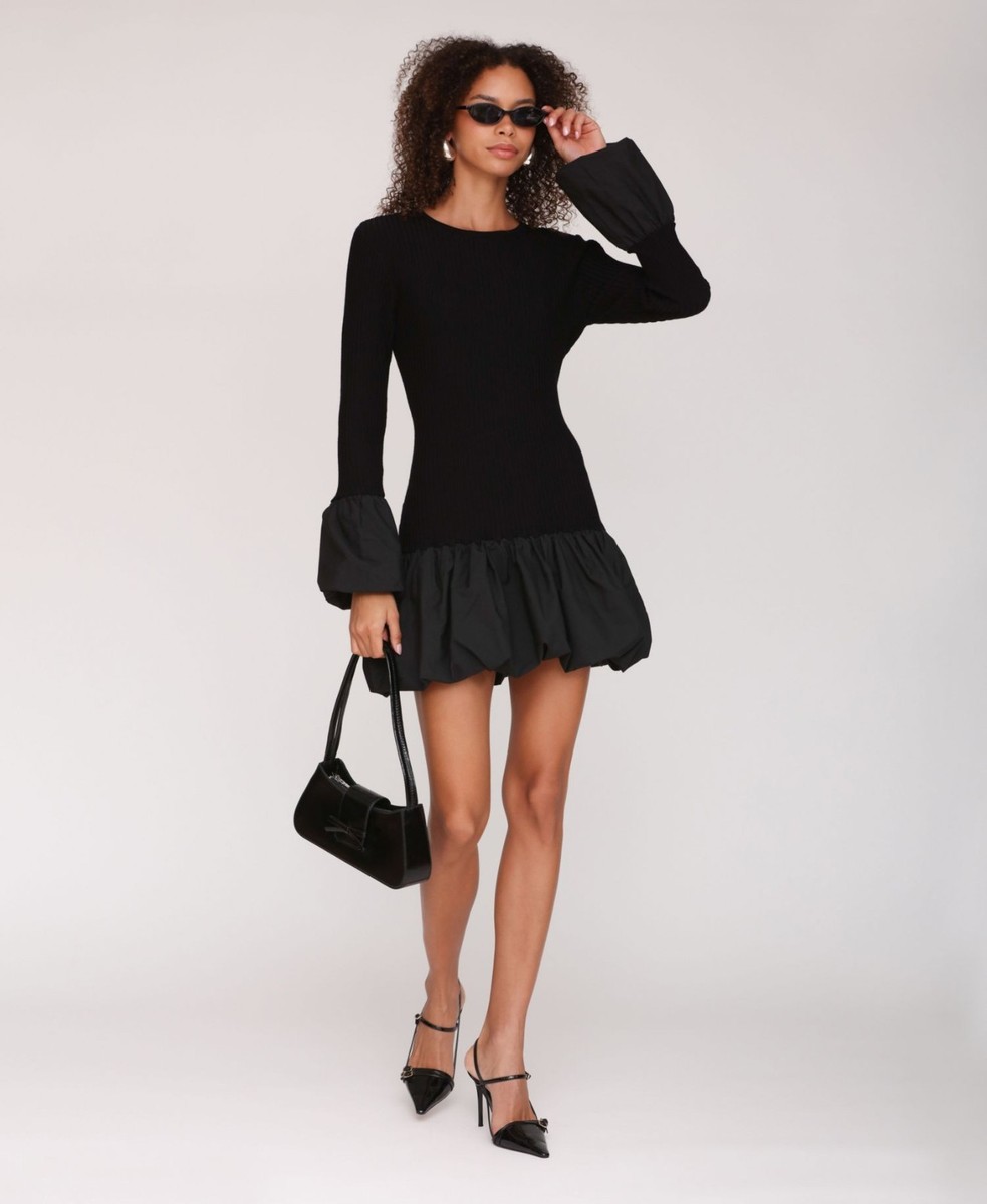 black long sleeve bubble dress Avec Les Filles Women's Trim Sweater Size:17-17½ The shirred stretch panel Women's Valentine's Plunging V Neck Beading