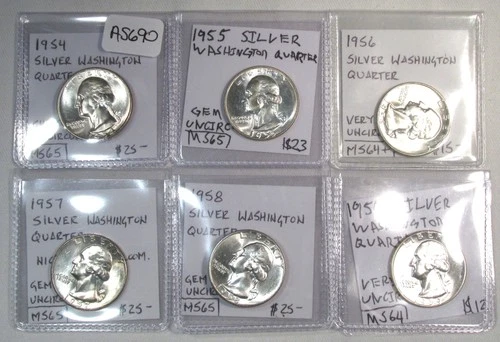 1954-1959 Silver Washington Quarters Lot of 6 UNCIRCULATED AS690