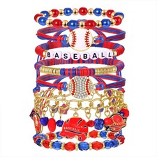 7PCS Baseball Bracelets for Women Red Blue Beads Game Day Bracelets Stackable St