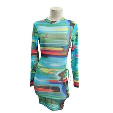 Akira Mesh Bodycon Dress Womens S Multicolor Abstract Lace Up Side Cutout Mini