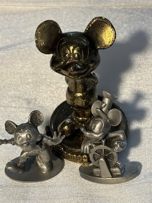 Mickey Mouse Collection One Brass and Two Hudson Pewter 1.5 - 2.5 Inches Disney