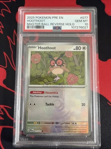 2025 HOOTHOOT MASTER BALL REVERSE HOLO PRISMATIC EVOLUTIONS POKEMON PSA 10 #077
