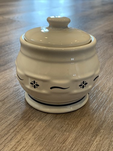 Longaberger Pottery Sugar Bowl Woven Traditions Blue USA w/ Lid
