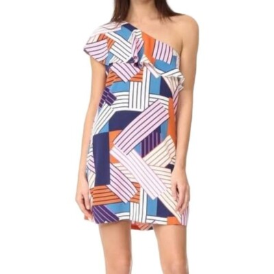 COOPER ELLA Brooke One Shoulder Mini Dress Geometric Stripe Ruffles Women Medium