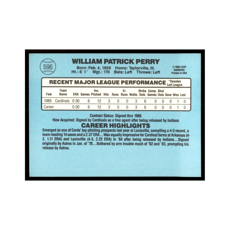 1986 Donruss Pat Perry RC Cardinals #596 - Image 2 of 3