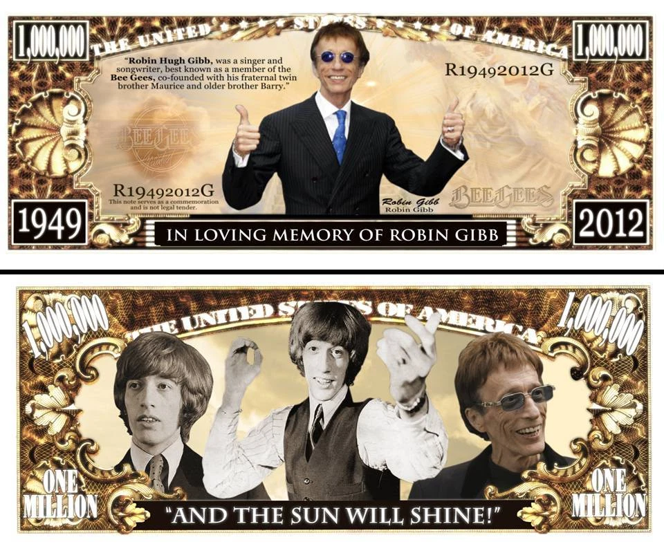 Robin Gibb of Bee Gees Million Dollar Play Funny Money Novelty Note +FREE SLEEVE