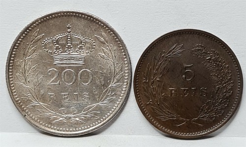 PORTUGAL lot 200 reis 1909 About UNC & 5 reis 1910 UNC Silver Manuel #E33 - Picture 5 of 7