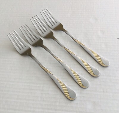 4 Dinner Forks Edelstahl Anadolu Stainless Curved Gold Accent Line Glossy