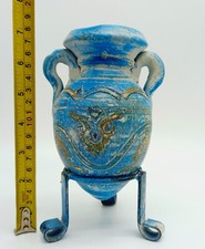 Vintage Antique Handmade Hand Painted Clay Pottery Urn Vase Pot Metal Stand