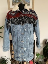 Zara Trafaluc Distressed Denim Fringed Studded Aztec Sherpa Jacket Coat Small