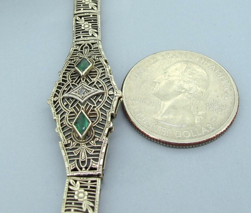 Antique 14k White Gold Two Natural Emeralds & One Small Diamond Tennis Bracelet - Picture 5 of 6