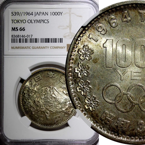 JAPAN Silver S39 1964 1000 Yen Olympics, Tokyo NGC MS66 Rainbow Toned Y# 80 (17)