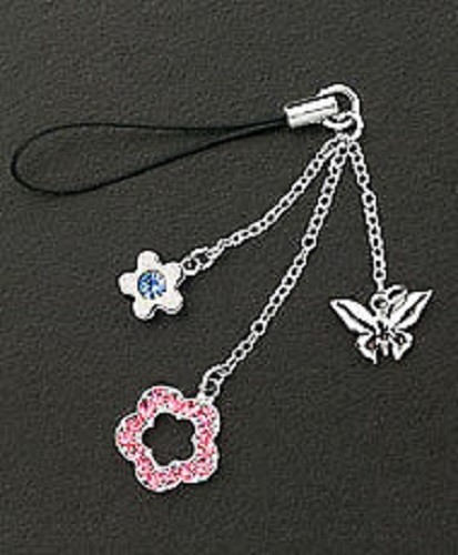 Cell Phone Charm Strap Dangle Crystal Flower Silver Butterfly Mothers Day Gift - Picture 1 of 1