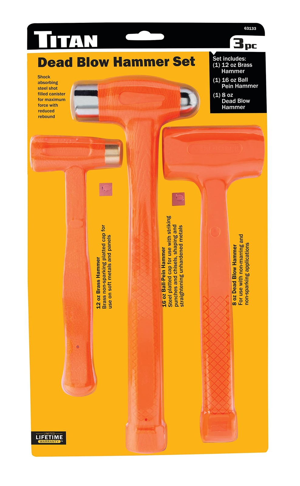 Titan 63133 3-Piece Dead Blow Hammer Set - Includes 16Oz Ball Pein, 12