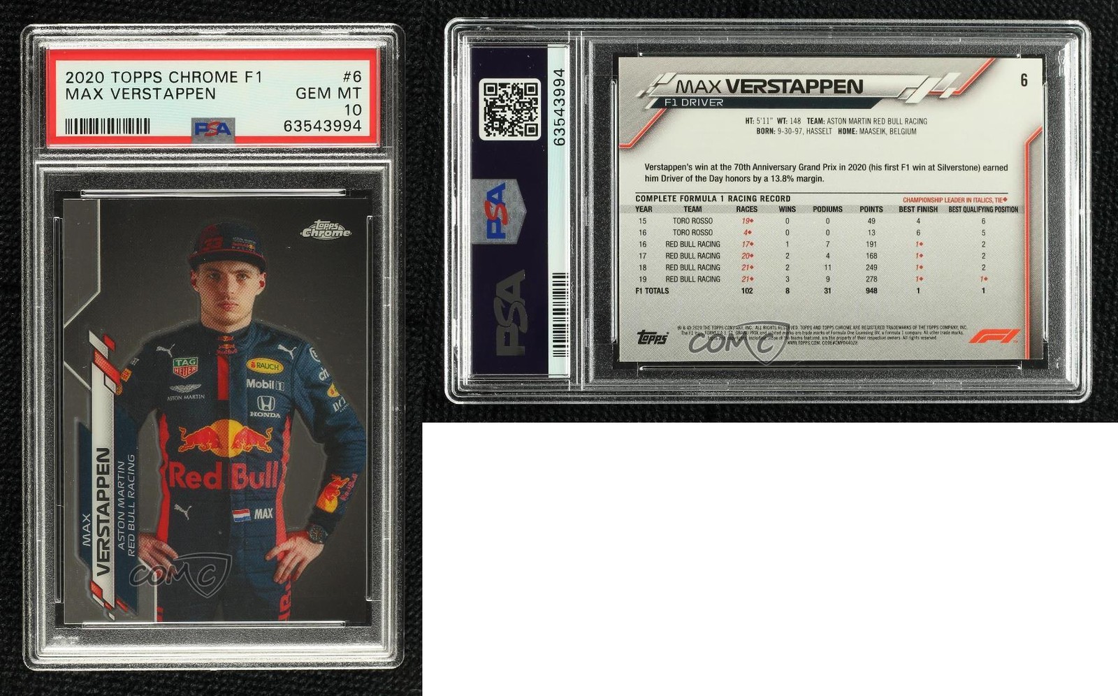 2020 Topps Chrome Formula 1 F1 Racers Max Verstappen #6 PSA 10 GEM MT view 3
