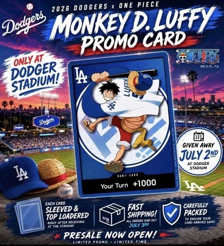 2026 Dodgers x One Piece Night Promo Card and hat , Monkey D Luffy Presale 7/3