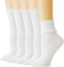 Ruffle Socks, White Frilly Crew Socks for Women Girls, Cute Turn Cuff Dress