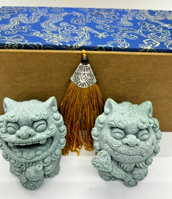 2 Chinese Guardian Foo Fu Dog/Lion Tea Pets Sandstone Feng Shui with Box 2.5 in