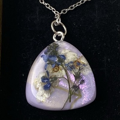 Handmade Resin Pendant Necklace   Real Dried Flowers, Purple Sparkle Background