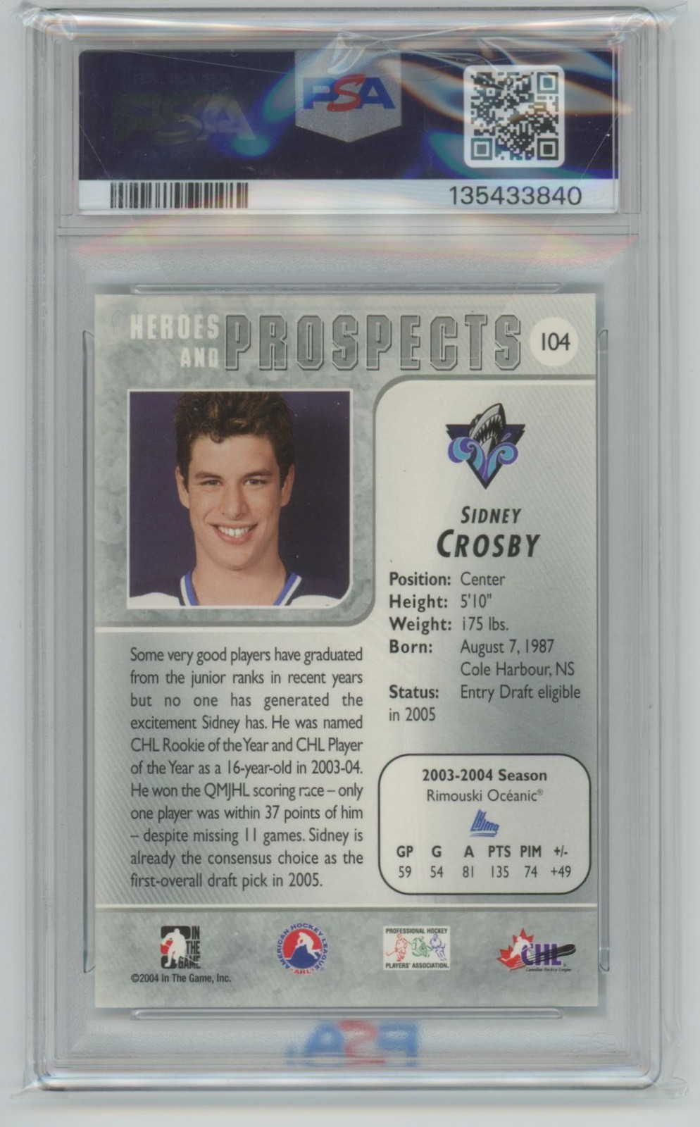 Sidney Crosby 2004-05 In The Game Heroes and Prospects PSA 10 #104 Rimouski view 2