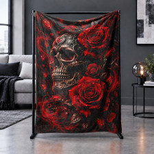 Gothic Skull Red Roses and Hearts Coral Fleece Blanket