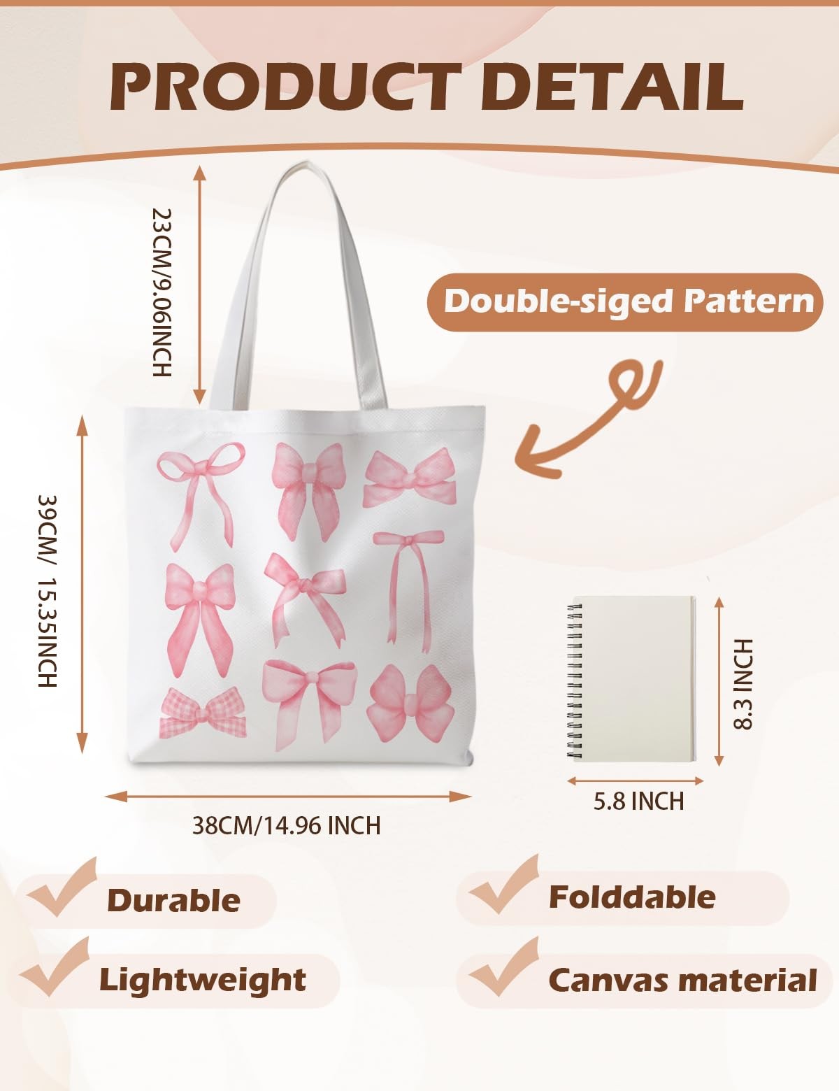 Preppy Coquette Tote Bag Reusable Grocery Shopping Bag for Women Girls Pink