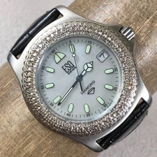 ESQ Swiss Women E5210 Dress MOP Diamond Bezel Leather Quartz 32mm Watch 6 1/4"