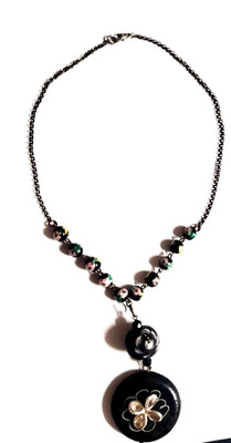 Vtg  Bohemian Hand painted Flora Black Glass Beaded Lamp work Pendant necklace