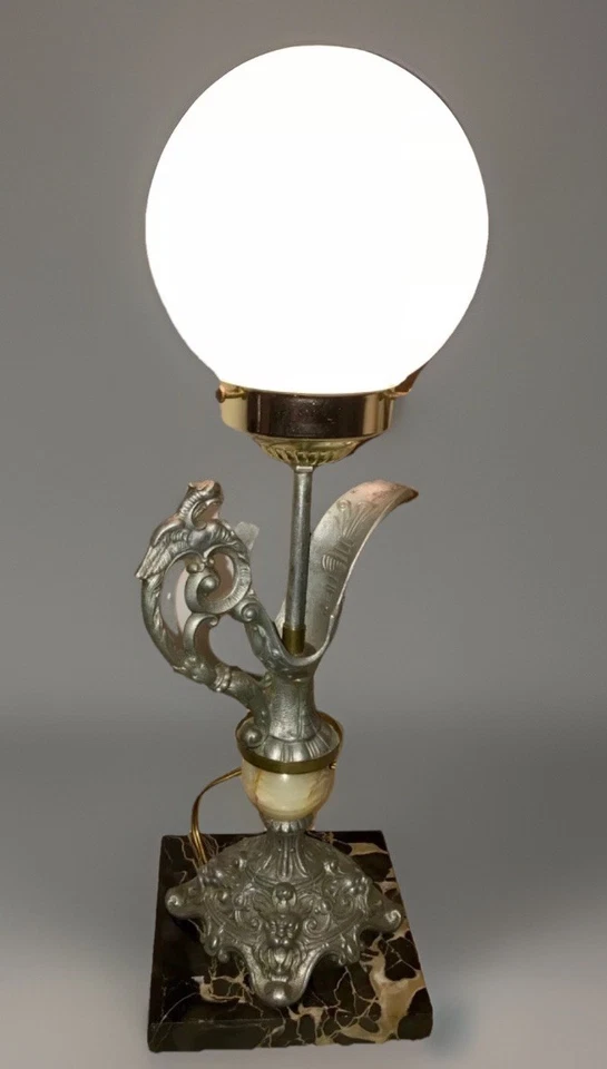 "Lámpara de peltre bandera francesa siglo XX sobre base de mármol 17""" Foto 2 de 4