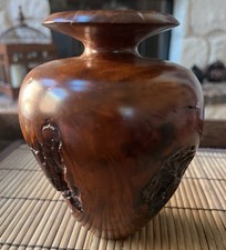 Vintage MCM Burl Wood Bud Vase  Glass Insert 6  Brown Hand-turned - READ