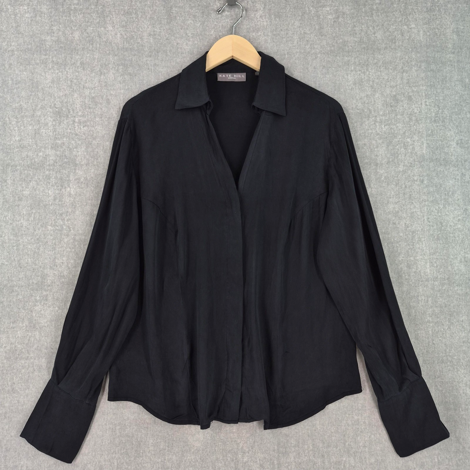 Vtg Kate Hill 100% Silk Blouse Women* 16W Black Collared Silk Button Long Sleeve