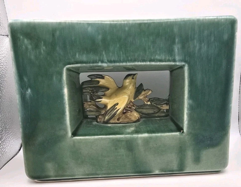 Par de sujetalibros jardinera de pájaros amarillos con arcatura McCoy 1951 cerámica MCM Foto 2 de 4