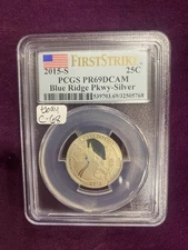 2015 S PCGS PR69DCAM Blue Ridge Pkwy Silver First Strike 25c Graded Slab 