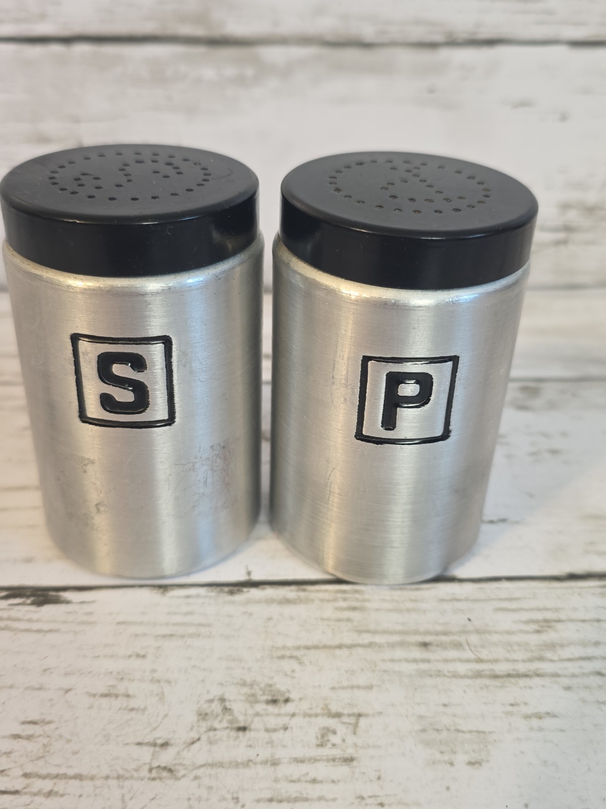 Vintage Aluminum Salt & Pepper Shakers Black Top  Mcm