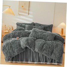 Fluffy Faux Fur Comforter Cover Set Fluffy Fuzzy Plush Bedding Queen Dark Grey