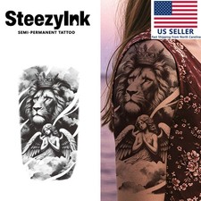 SteezyInk temporary tattoo Crowned Lion and Angel last upto 2 weeks 5.5 x 9 inch