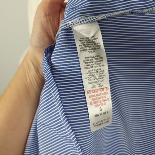 Dorothy Perkins Size 8 Top Blouse V Neck 3/4 Puff Sleeve Bow Blue Striped Women - Picture 13 of 14