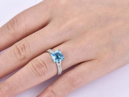 2.50Ct Lab-Created Blue Topaz Bridal Engagement Set Ring 14K White Gold Plated - Picture 8 of 12
