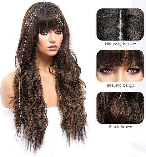 Brown Highlight Wig with Bangs Long Wavy Wig for Women Dark Brown Wigs with High - Picture 9 of 9