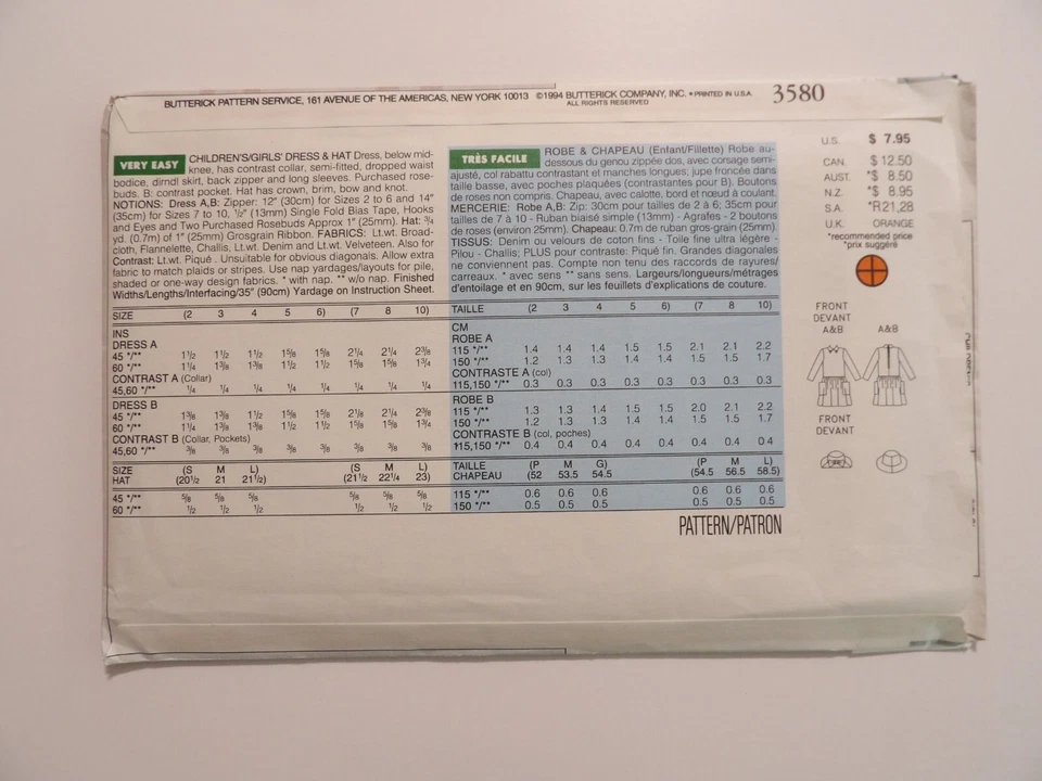 Butterick Children's / Girls' Dress & Hat Size 2-3-4-5-6 Uncut Sewing Pattern - Image 3 of 3