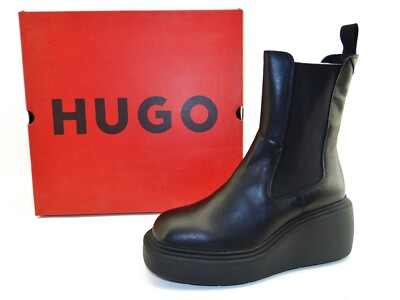 Hugo Boss Bootie Plateau Stiefel Chelsea Boots Schwarz Leder Stiefeletten Gr.39