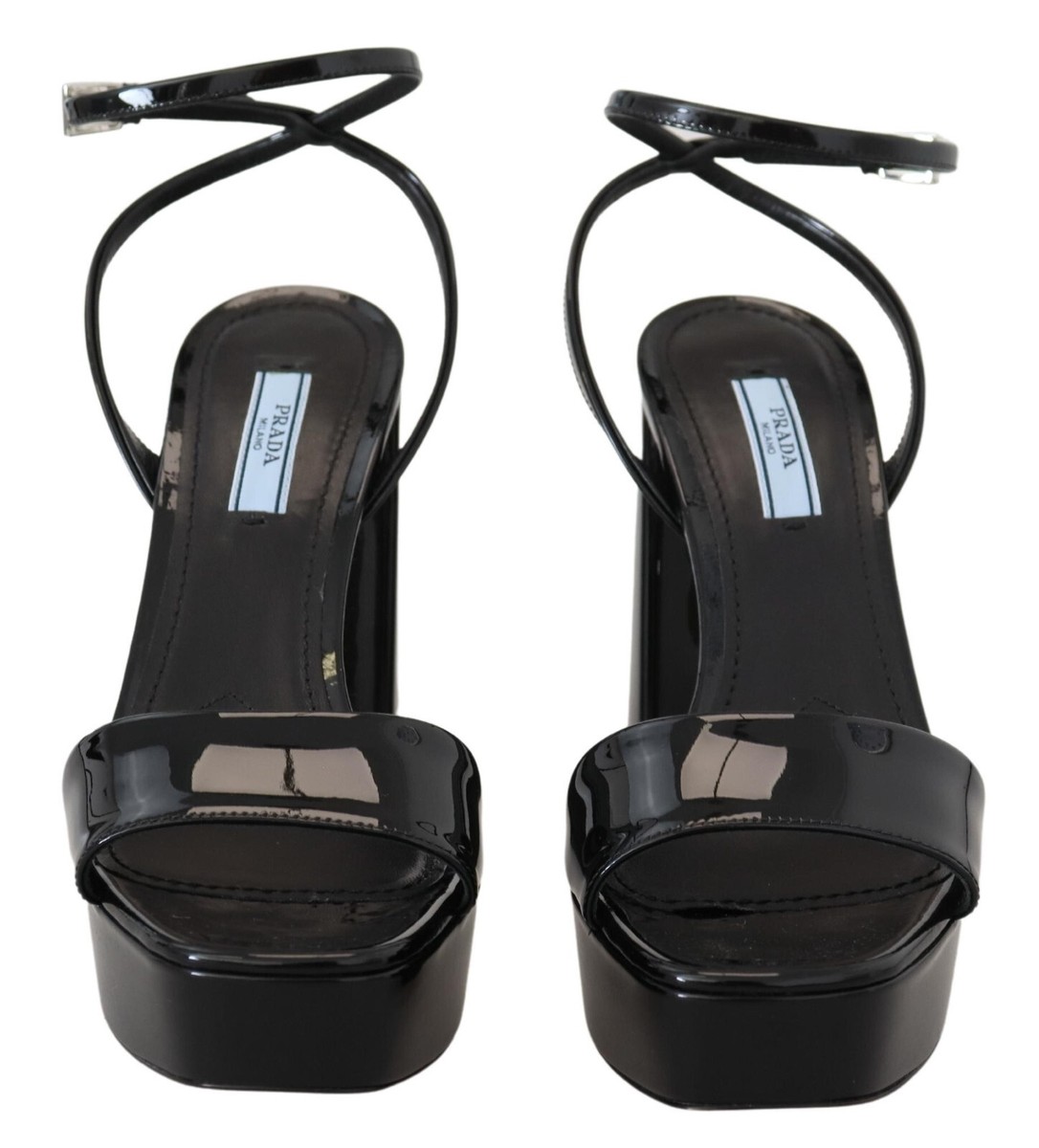 靴 PRADA leather strap heels PRADA Black Leather Metallic Gray Square Toe Ankle Strap
